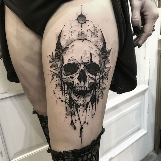 Gothic skull thigh tattoo in the style of Gerald Brom