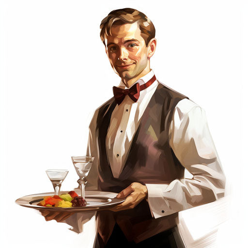 Waiter clipart in the style of Oil painting, on a white background