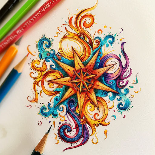 Psychedelic drawing of a compass rose with swirling patterns and vibrant colors