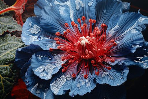 Blue flower with red eyes, shibori style, hyperrealistic illustrations
