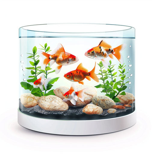 Graphic illustration of a fish tank with colorful fish
