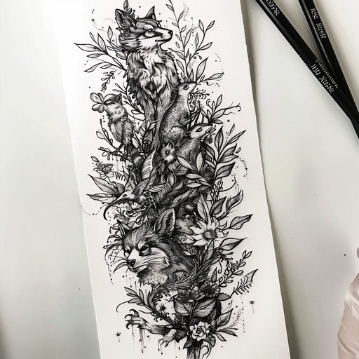 Nature-inspired flat tattoo sketch for 13 tattoo with green foliage and woodland creatures