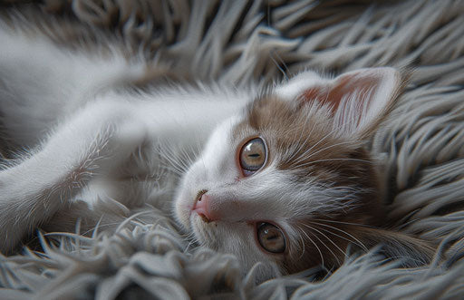 Kitten laying on fur, in the style of carpetpunk, light pink and white, distinct facial features, dark brown and white, warmcore, soggy