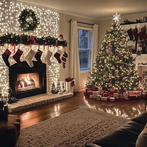 Cozy living room with fireplace and Christmas tree