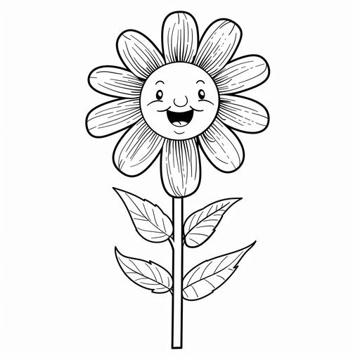 A simple and cute daisy with a smiling face. Coloring book page