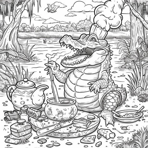 Whimsical alligator chef cooking up a feast in the swamp.