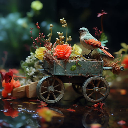 Mini garden cart with bird miniatures sculpture decor