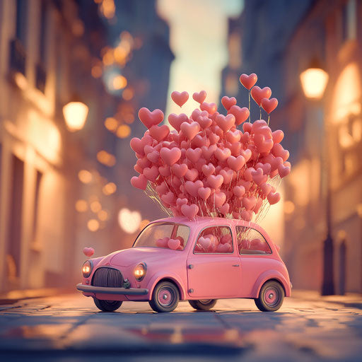 Pink car filled with heart-shaped balloons