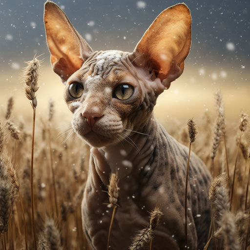 Cornish Rex cat in a field during snowfall