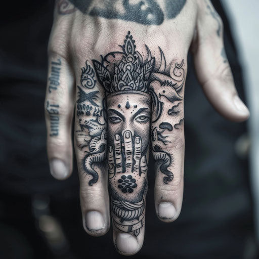 Finger tattoo with mythological symbols, J.P. Targete style