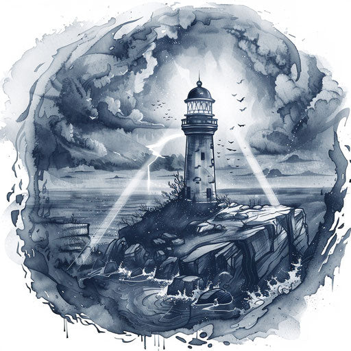 Lighthouse on sea under foggy sky, nautical clipart style