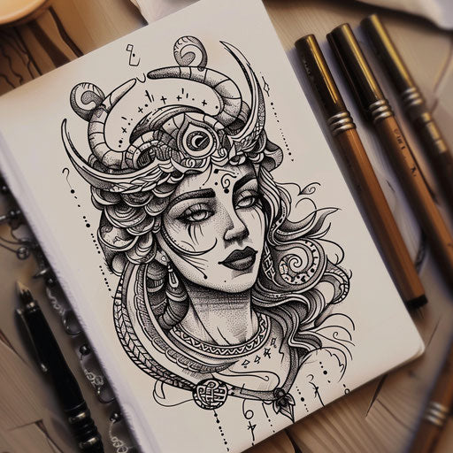 Cultural flat tattoo sketch of Artemis with ancient Greek patterns and meanders