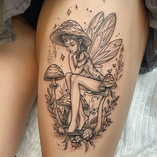 Fairy and mushroom thigh tattoo in the style of Humberto Ramos