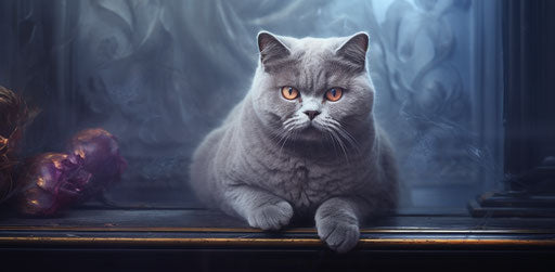 British shorthair cat in window, dark silver and light purple style, highly polished surfaces, explosive pigmentation, captivating, petcore, handsome, pontormo 39:19