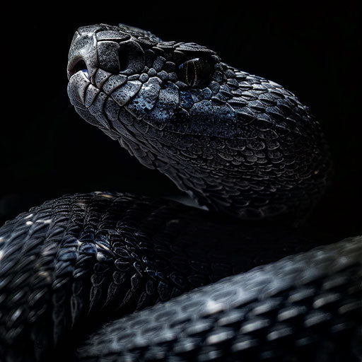 Rattlesnake with dramatic shadows and lighting, dark and moody