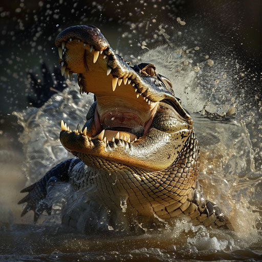 Alligator in mid-lunge, powerful jaws open wide