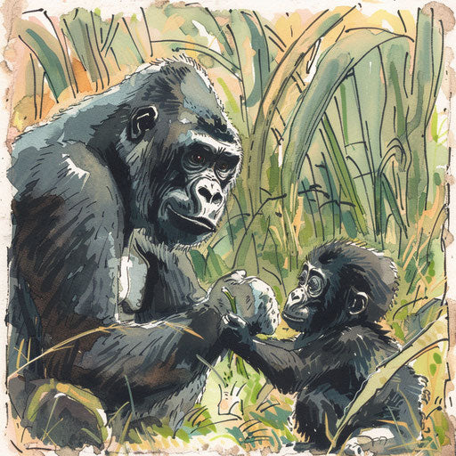 Foraging lessons with an adult gorilla and a young one