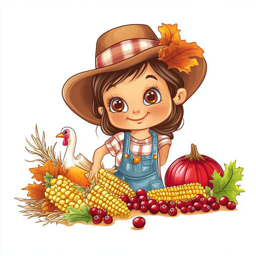 Young girl with hat and turkey on white background