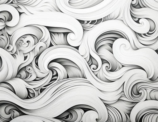 Black and white spirals and curves on white background