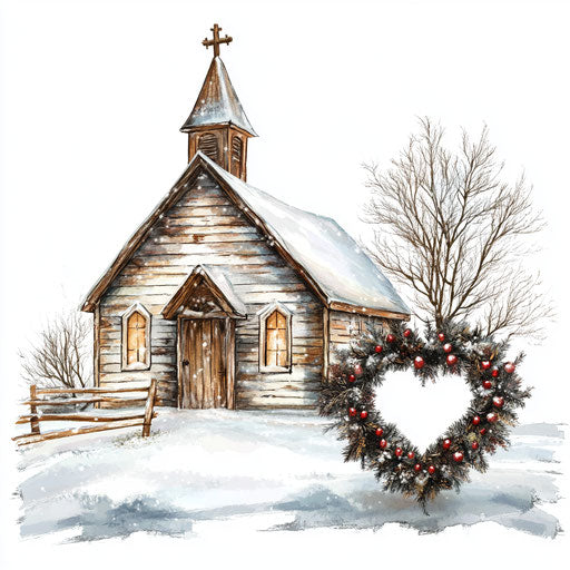 Rustic church with wooden cross and heart-shaped wreath