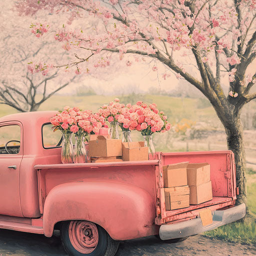 Old pink truck with open trunk filled with vases of roses, cherry blossoms in background, soft colors, photorealistic style