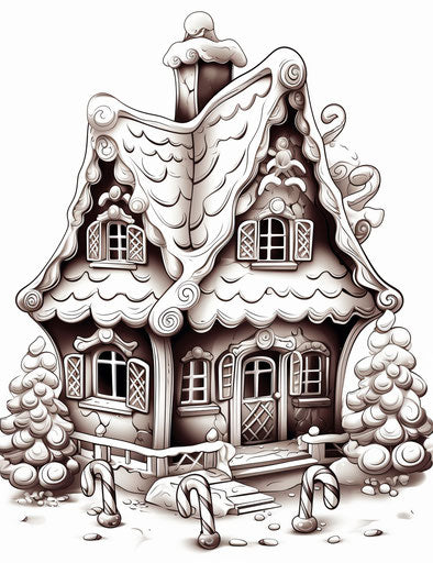 Gingerbread house coloring pages, precisionist style
