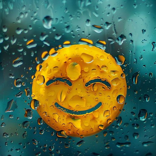 The face of emoji in the rain, teethcore style, yellow and aquamarine, race commentary, lighthearted, inlay, rounded, happenings
