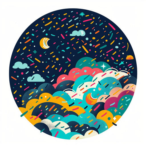 Colorful confetti storm under bright sky