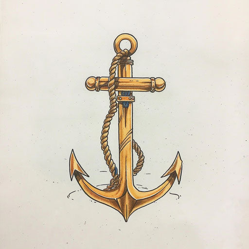 Sketch of golden anchor with rope, flat minimalist style
