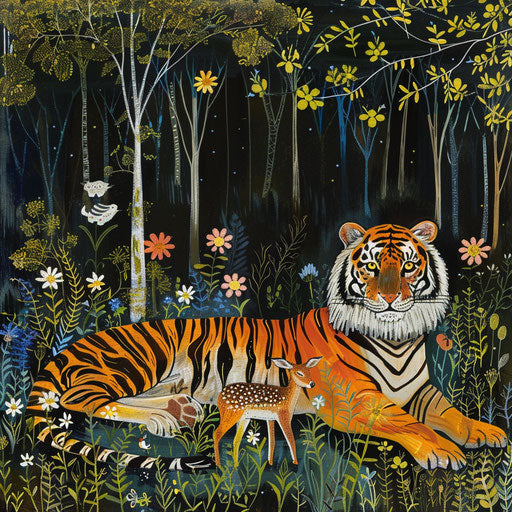 A whimsical harmony of tiger and deer in lush meadow