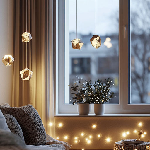 Modern apartment window with minimalist Christmas decor