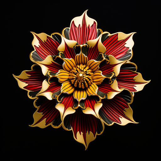 Yellow and gold flower with green leaves, dark red and white style