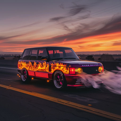 Customized SUV with supercharged engine and flames on deserted highway at dusk