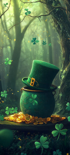 Treasure and leprechaun's hat on table, St. Patrick's Day forest background