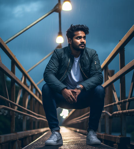 An Indian man on a bridge next to a thunderstorm