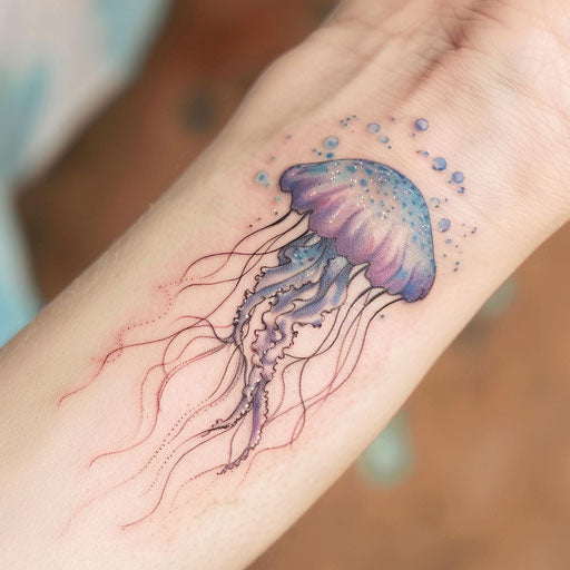 Ethereal jellyfish tattoo with pastel colors on white