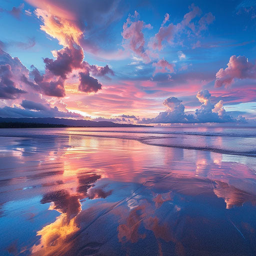 Sandy beach at sunset with vibrant colors reflecting on the ocean