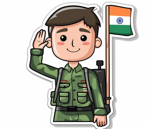Indian soldier saluting with Indian flag in colorful cartoon style