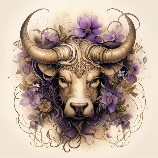 Taurus signs the zodiac sign of bull in light beige and violet