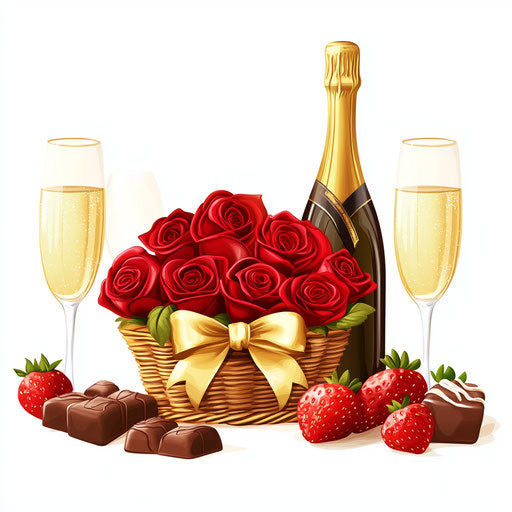 Red roses, champagne, chocolates. Valentine's Day theme