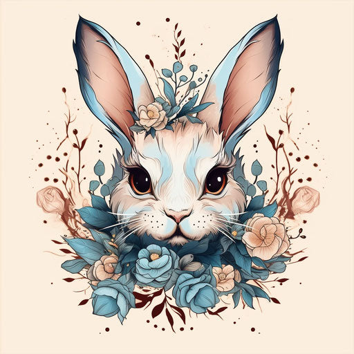 Banner rabbit doodle drawing in beige and azure tattoo style