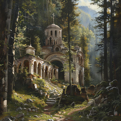 Rila Monastery with historical ruins in the forest