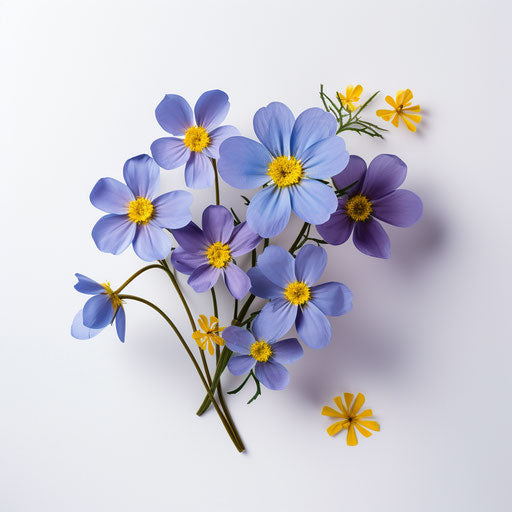 Blue flowers with yellow centers on white background