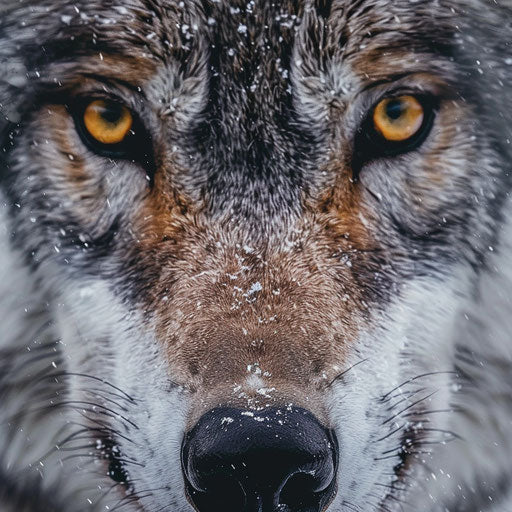 Piercing gaze of the wolf with snowy backdrop