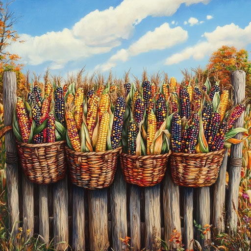 Vibrant corn patch with baskets ready for harvest