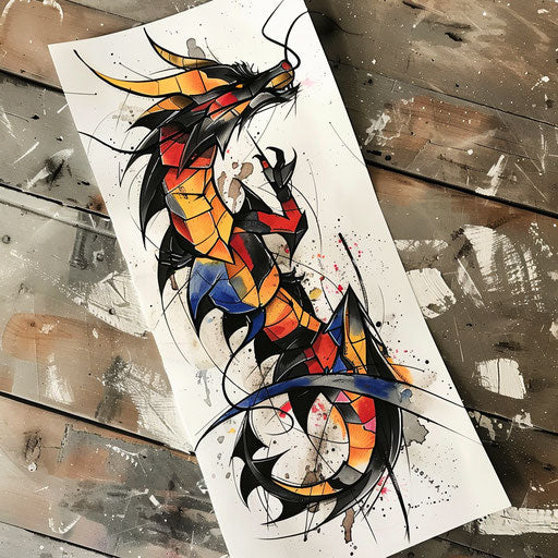 Abstract tattoo sketch with black dragon broken into colorful shapes