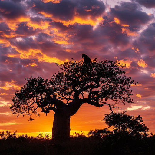 Zanzibar red colobus on ancient baobab at sunset