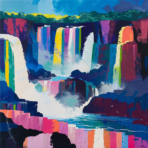 Iguazu Falls with abstract rock formations and bold colors