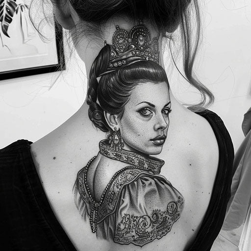 Realistic black & gray back tattoo of iconic historical women
