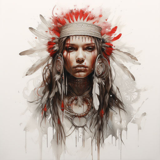 Portrait of native girl in white and red, tattoo, feather details